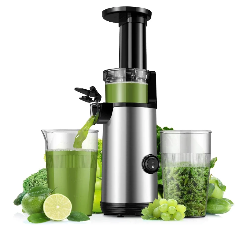 Powerful 60NM DC motor Low noise space saving cold press juicer, easy to clean slow press juicer, including brush, 20 oz