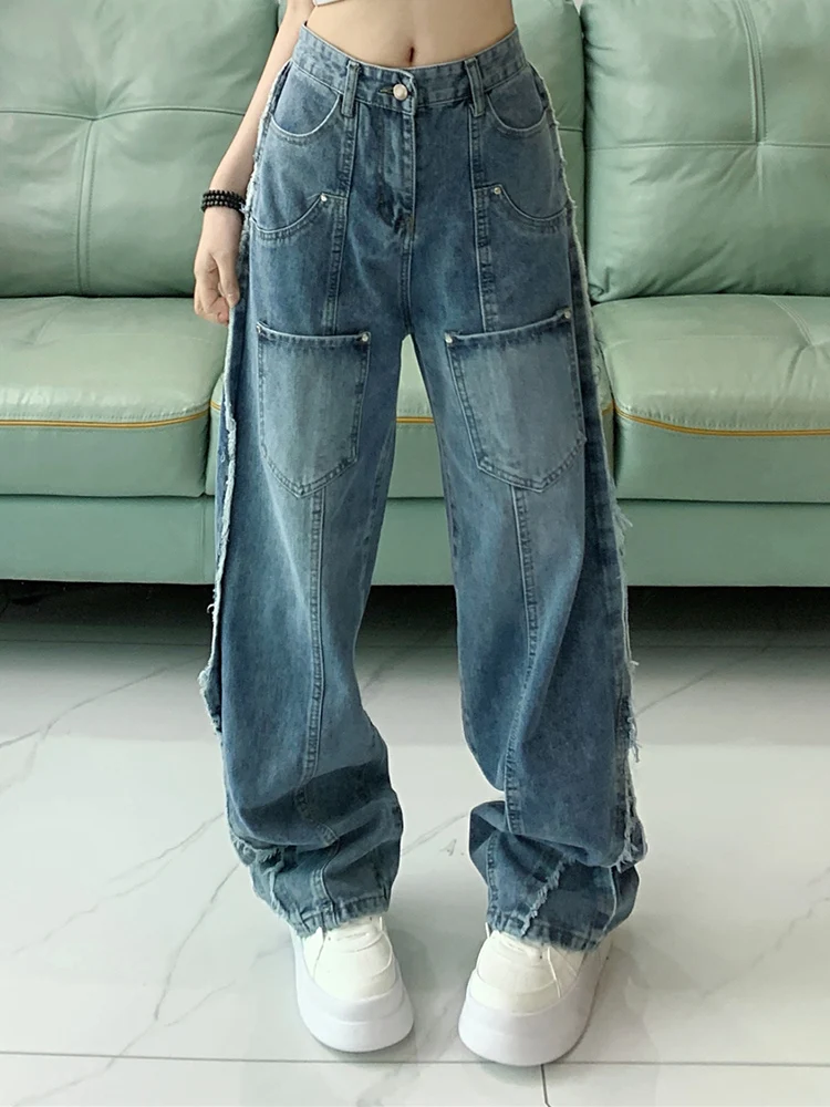 

Woman Fashion American Old School Wide Legged Pants Washed High Waist Oversized Multiple Pockets Ragged Edges Design Trousers