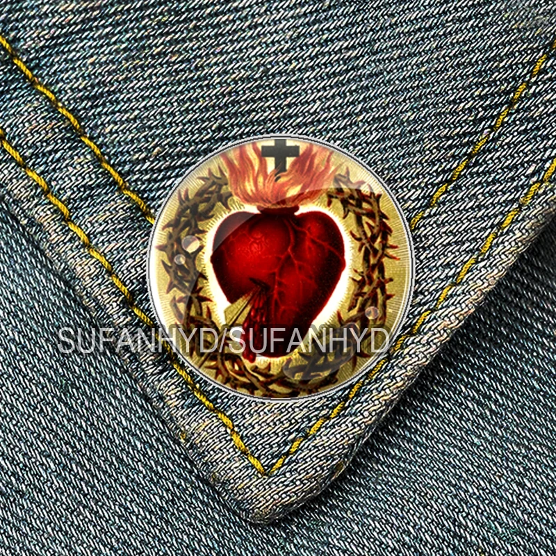 Stainless Steel Sacred Heart of Jesus Brooch for Women Catholic Man Badge Pins