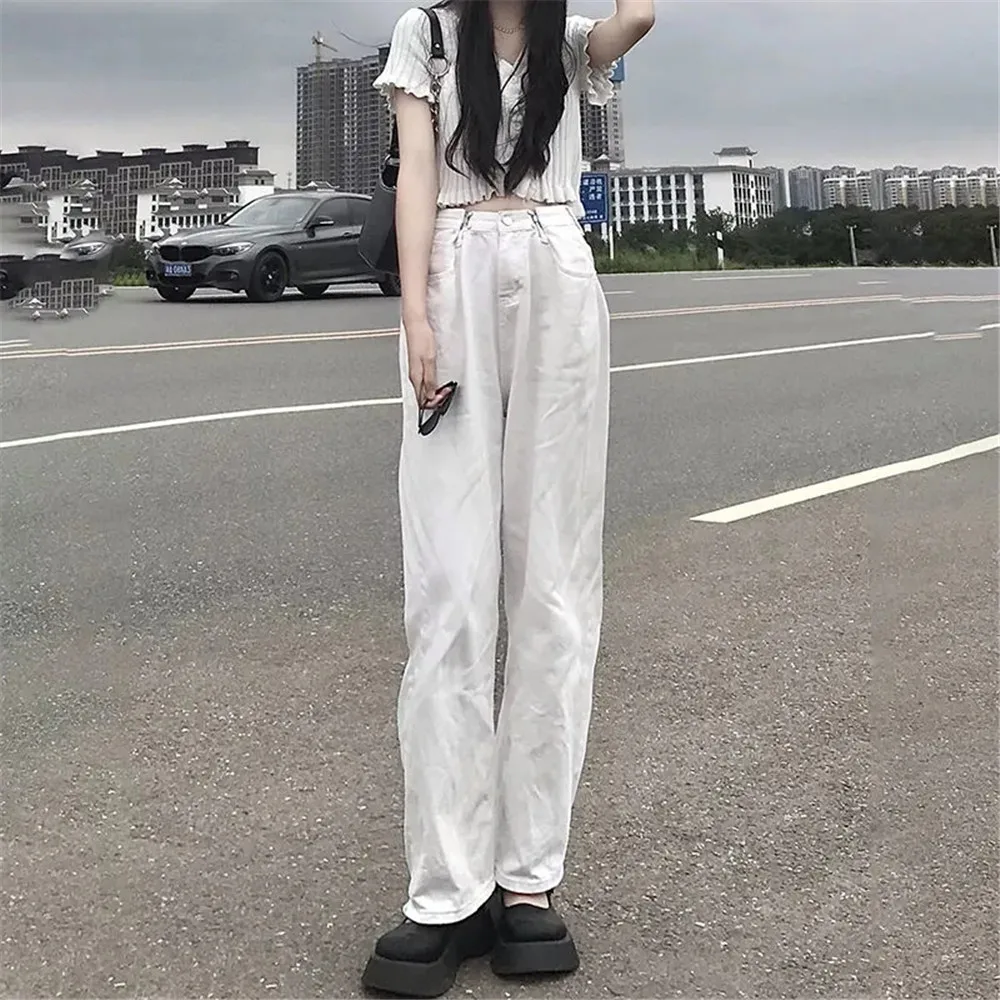 Autumn Women Boyfriend Jeans High Waist Adjustment Buckle Cotton Black White Korean Vintage Female Denim Pants Wide Leg Jeans