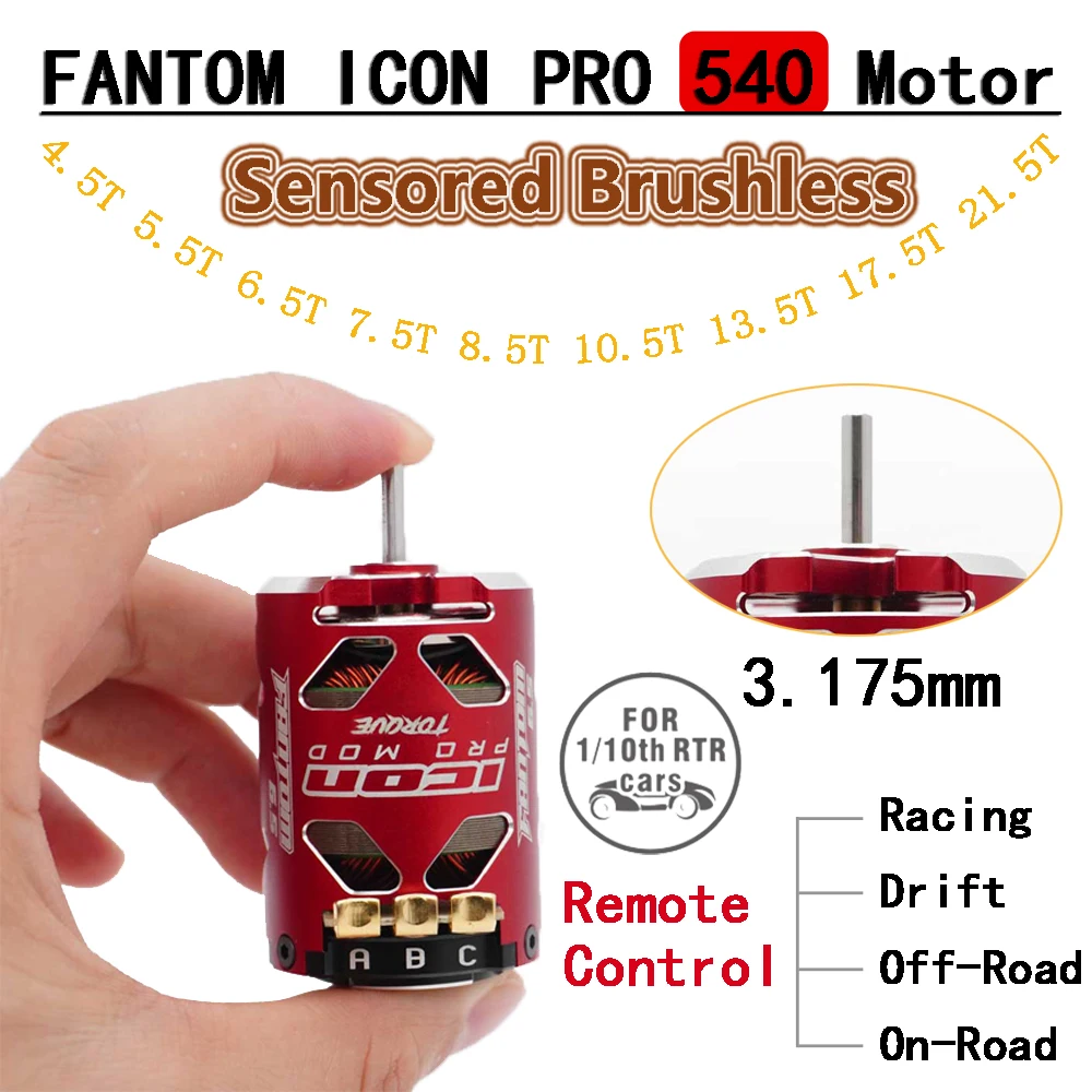 

FANTOM 540 ICON PRO 4,5T 5,5T 6,5T 7,5T 8,5T 10,5T 13,5T 17,5T 21,5T Бесщеточный двигатель с датчиком 1-3S для 1/10 RC Racing Drift Cars
