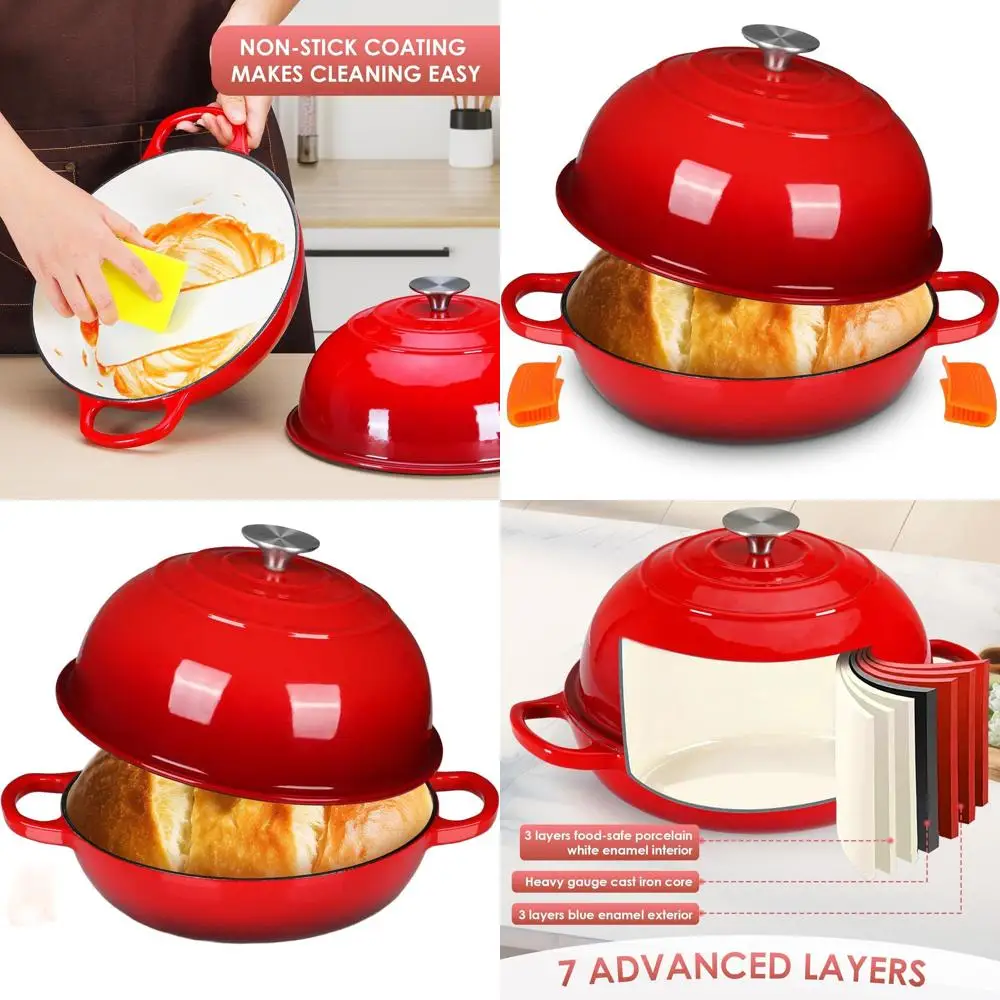 

Red Enamel Cast Iron Dutch Oven, Non-Stick Dome-Shaped for Sourdough Bread, with Lid, Silicone Handles & Scraper