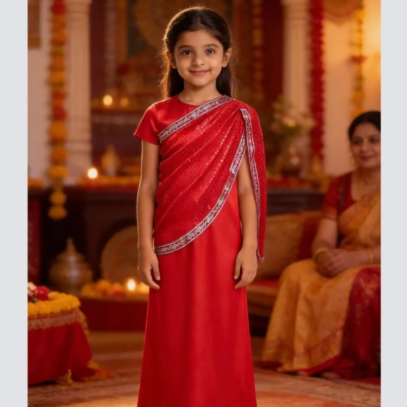Girls Indian Traditional Dress Red Sequin Ethnic Gown Performance Cosplay Costume Wedding Festival Stage Dance Wear Outfit view 6