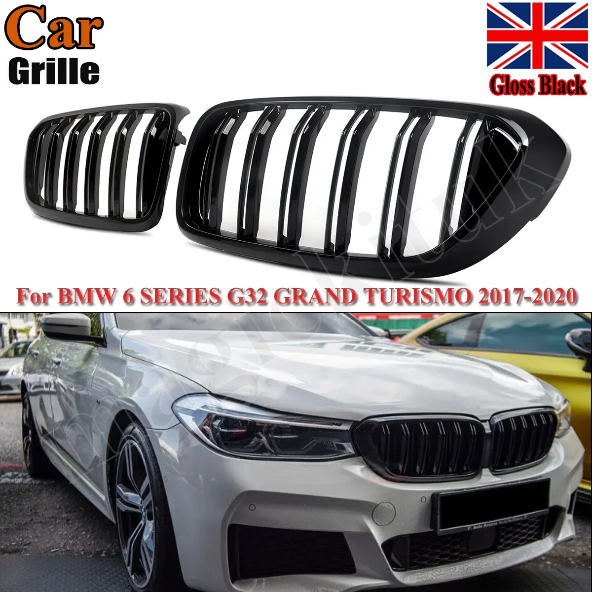 For BMW 6 Series G32 Gran Turismo Kidney Grill Grilles Gloss Black M Style 17-20