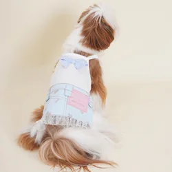 Dog Suspender Bow Patchwork Denim Dress for Pets Summer Thin Style Schnauzer Marzis Small Dog Denim Dress Puppy Clothes