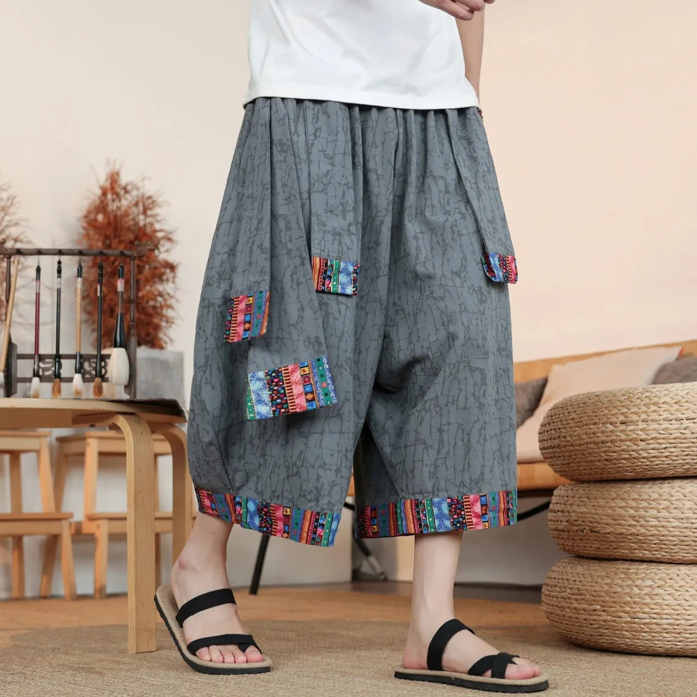 Cotton Linen Wide Leg Pants Men Summer Light Thin Harun Loose Pants Chinese Retro Casual Oversize Capris Trousers Streetwear Men