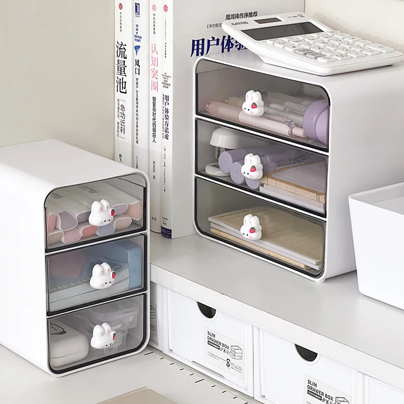 Cute Desktop Transparent Drawer Storage Box Student Desk Large Capacity Stationery Organizer Box Office Kawaii Bunny Storage Box