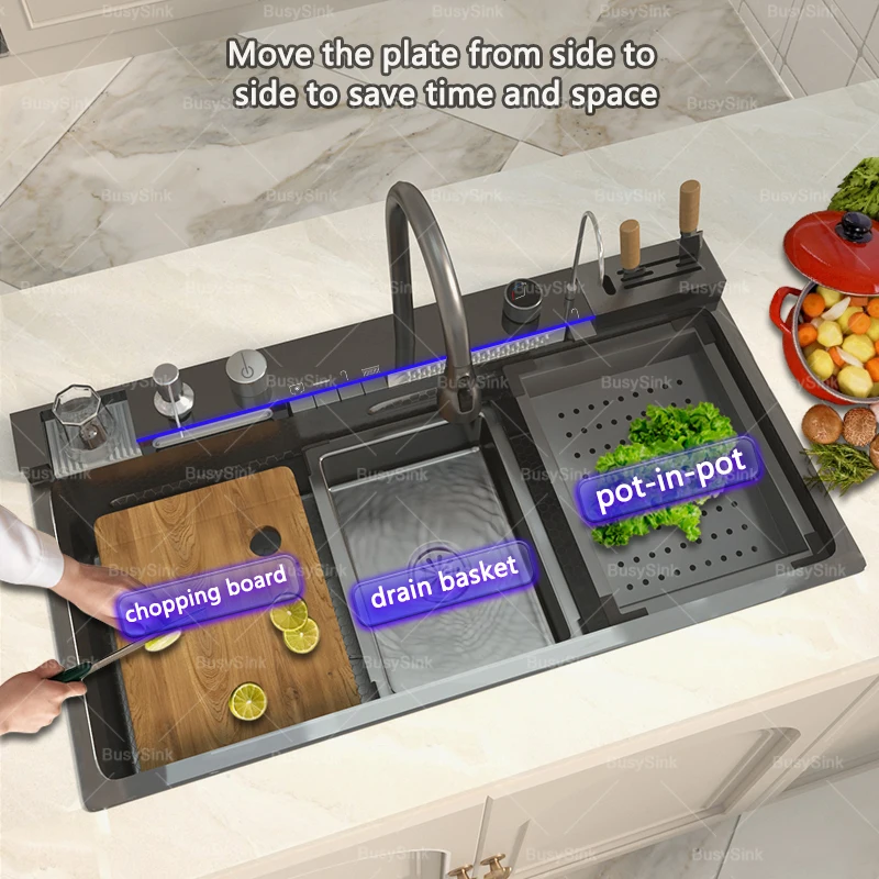 Stainless Steel Kitchen Sink With Waterfall Extra Large Single Slot Digital Display Dishwashing Sinks Hotel Apartment