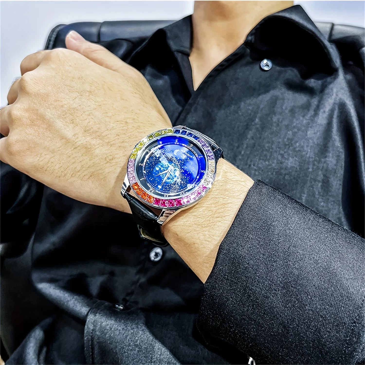 Fashion Trend Creative Rotating Starry Sky Color Diamond Fully Automatic Mechanical Dial Night Light Waterproof Men\'s Watch