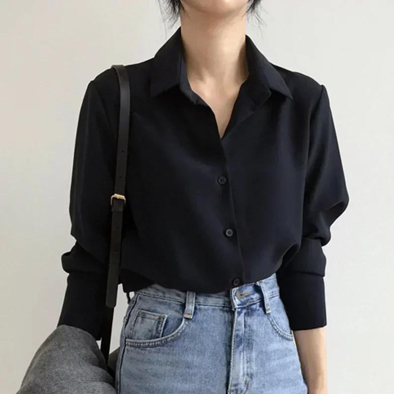 New Spring Fashion Women Tops Blouse White Blouse Bottom Shirt Black Korean Chiffon Shirt Office Lady Clothes All-match 11397