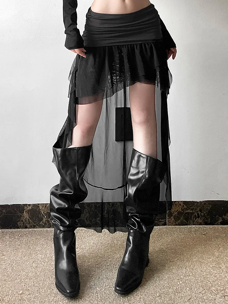 Women Black Gothic Emo A-line Skirt Vintage Asymmetrical Skirt Harajuku Korean Style Y2k Mesh Skirts 2000s Clothes Spring Summer