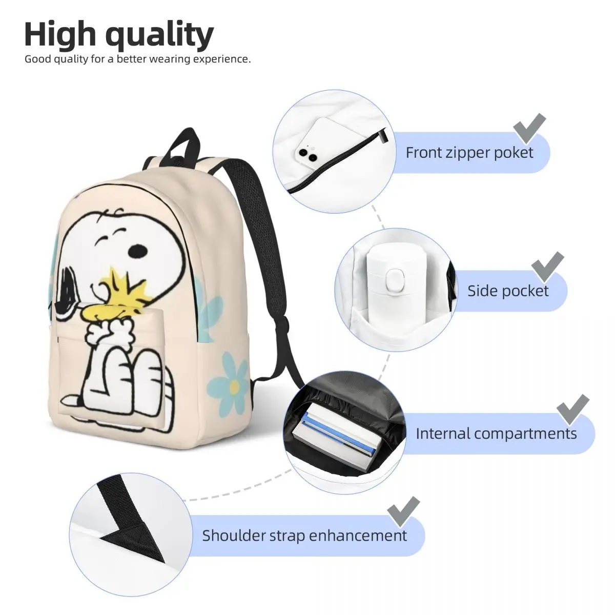 Snoopy_show tas sekolah ringan, tas sekolah kasual, ringan, motif cetak, untuk sekolah, luar ruangan, belanja, kantor 15,7 inci 17,7 inci