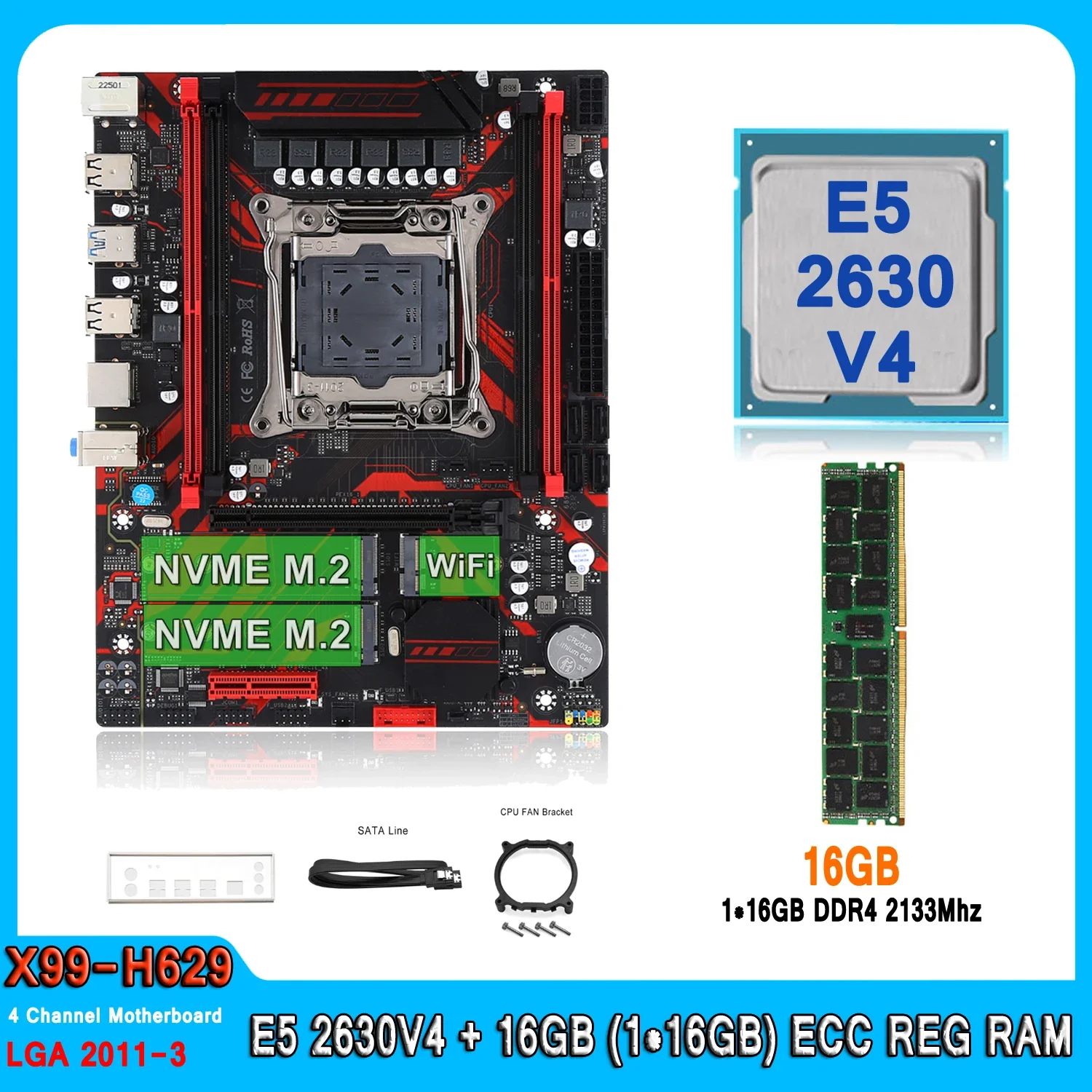 X99 Kit Motherboard LGA2011-3 Set with E5 2630V4 Processor 16GB(1*16GB) DDR4 ECC Memory M-ATX E5 2630V4 Four Channel Motherboard