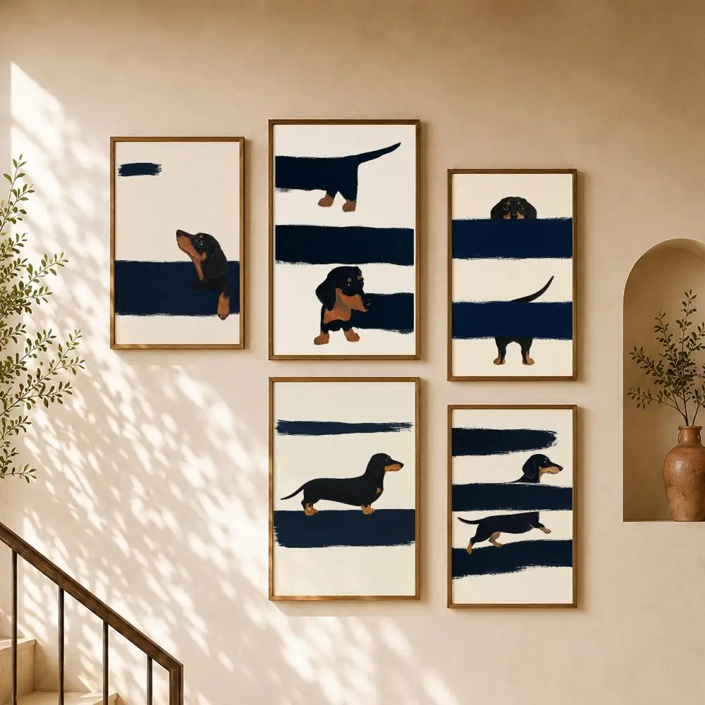 Dachshund Dogs Peeking Navy Stripes Minimalist Cute Scenes Poster Home Room Bar Cafe Club Decor Aesthetic Art Wall Painting
