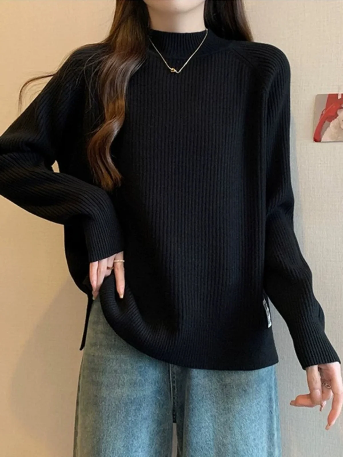 Suéter Hoado de Punto para Mujer, Otoño Invierno, Cuello Medio Alto, Felpa, Talla ande, Cseta Base, Cubre el Abdomen, ...