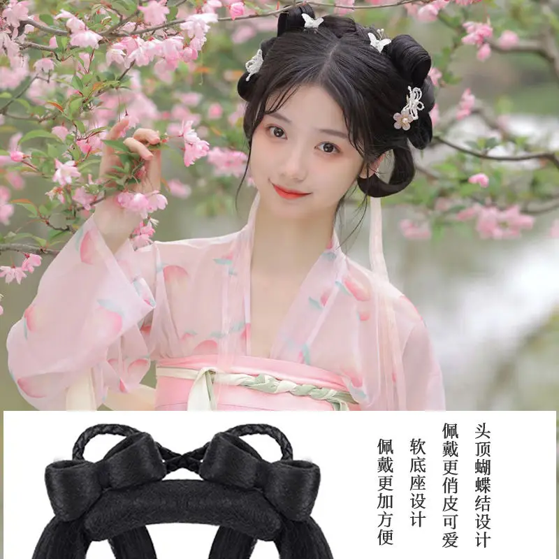 Ming Dynasty Hanfu คอสเพลย์วิกผม All-in-One Puffy Horn Bun Bowknot คลิปจีนโบราณผมทุกวัน Updo Hairpiece สําหรับผู้หญิง