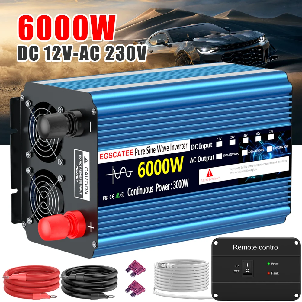 Pure Sine Wave Inverter DC 12V to AC 230V 50HZ EU USB socket 6000W LED Voltmeter Converter Transformer