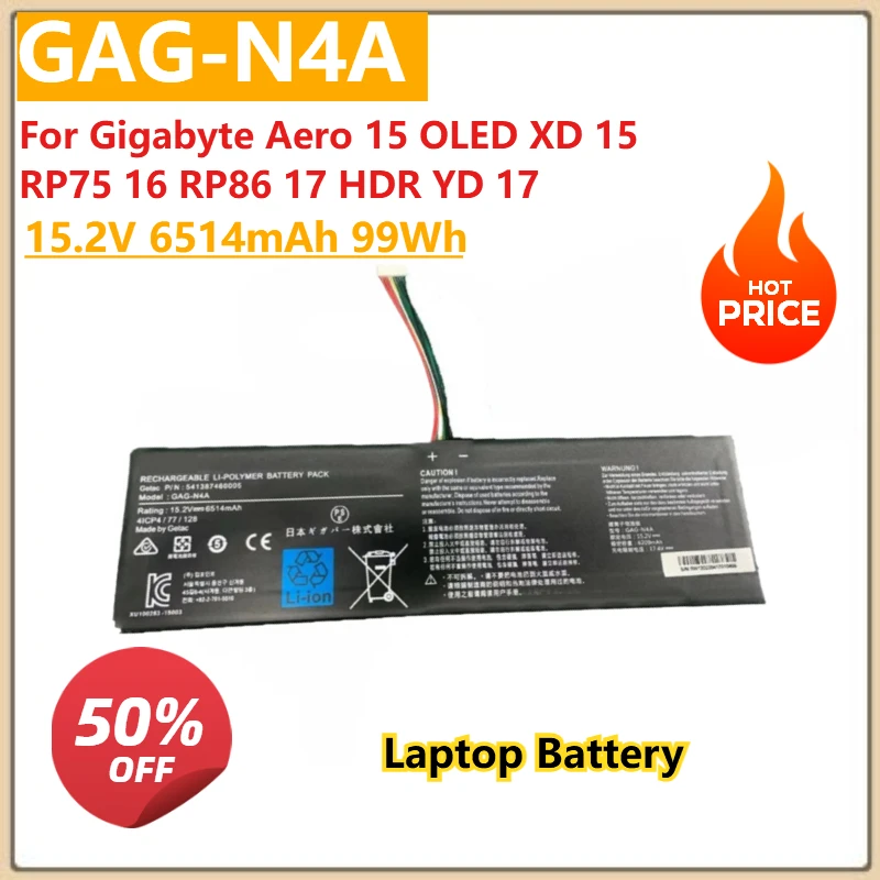

For Gigabyte Aero 15 OLED XD 15 RP75 16 RP86 17 HDR YD 17 New Replacement Laptop Battery 15.2V 6514mAh 99Wh GAG-N4A