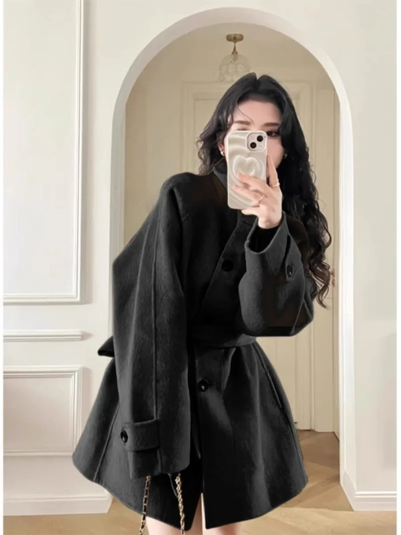 

2025 Korean Woolen Jacket Female Student CollegeStyle Jacket New Ladies Autumn Winter Mid-length Wool Overcoat Windy Woolen Coat