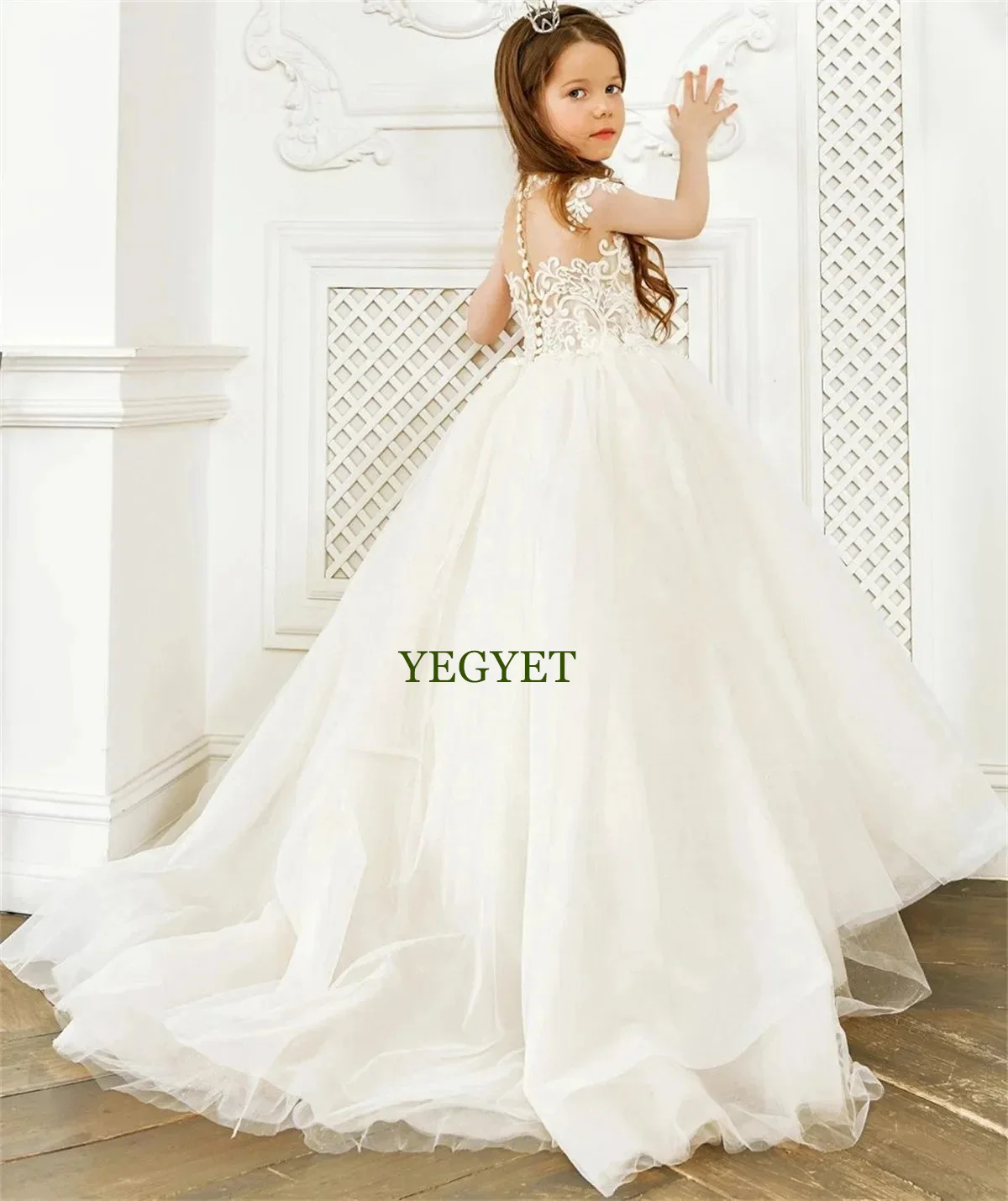 

Elegant Flower Girl Dress High Neck Tulle Puffy Sleeveless Applique For Wedding Princess Birthday Party First Communion Gowns