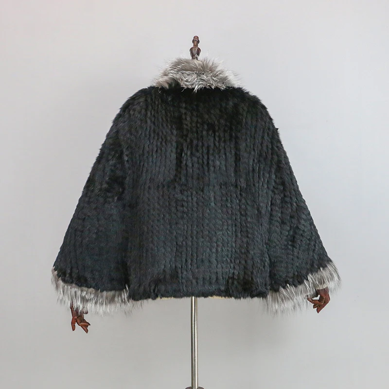 New Extra Long Real Genuine Natural Knitted Rabbit Fur Shawl Coat with Fox Fur Collar Women's Fashion Knit Jacket Cape