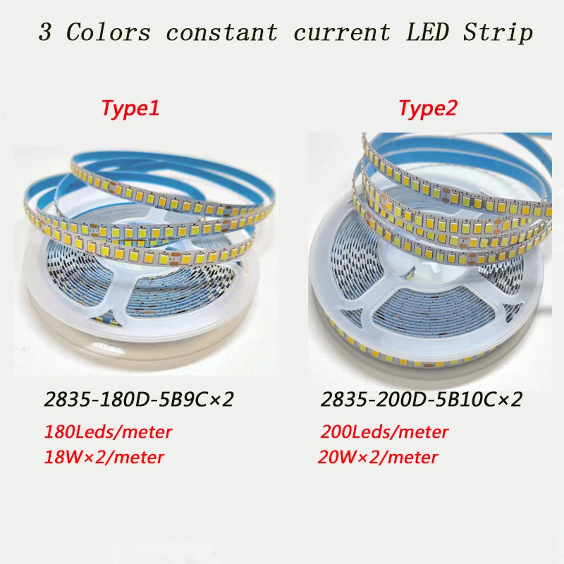 5meters 2835-7mm-180D And 200D 3Colors Constant Current LED Strip with 3000K+6500K LED Ribbon 5B9C×2 And 5B10C×2