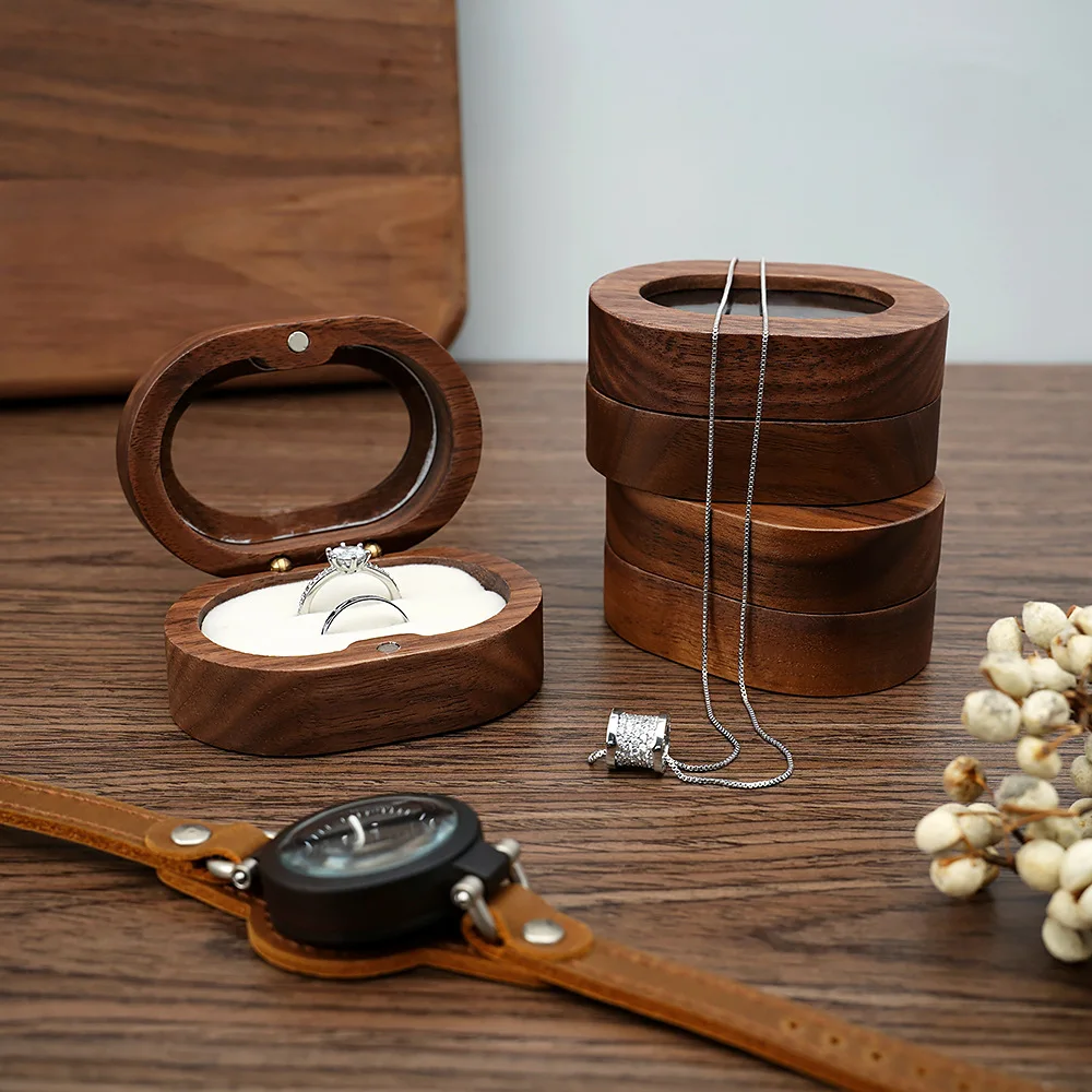 

Makeup Organizers Black Walnut Jewelry Box, Ring Necklace Earrings Storage Box, Wooden Storage Oval Wood Engagement Props