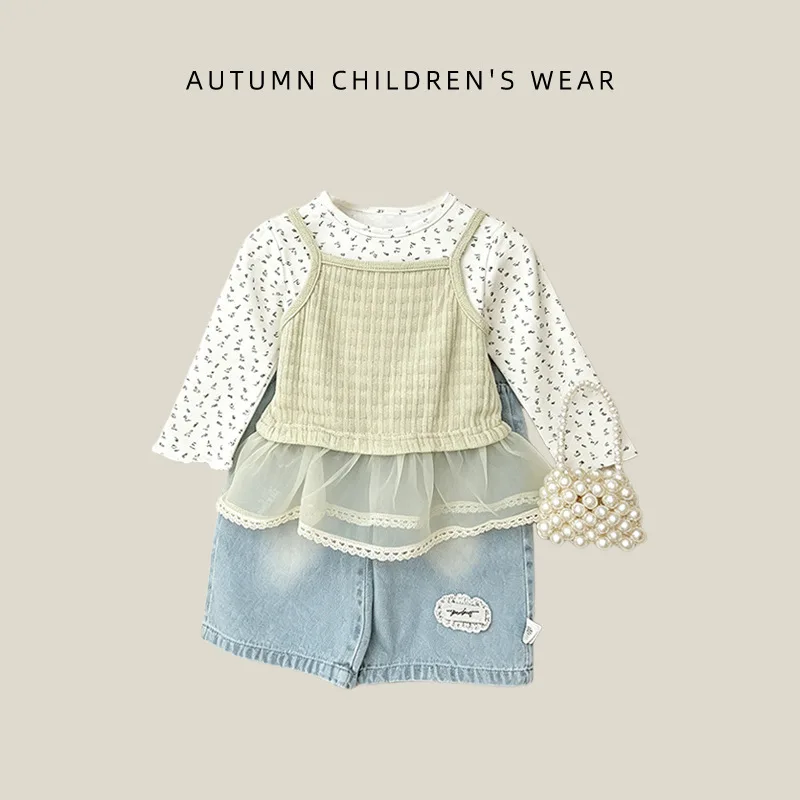 Korean Children's Clothing Autumn Outfit Floral Base Shirt Mesh Splicing Camisole Stylish Two-piece Set Children's Clothing
