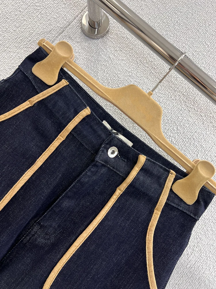 Jeans casual da donna blu navy moda primavera e autunno, nuovi jeans lavorati a maglia tinta unita a gamba dritta