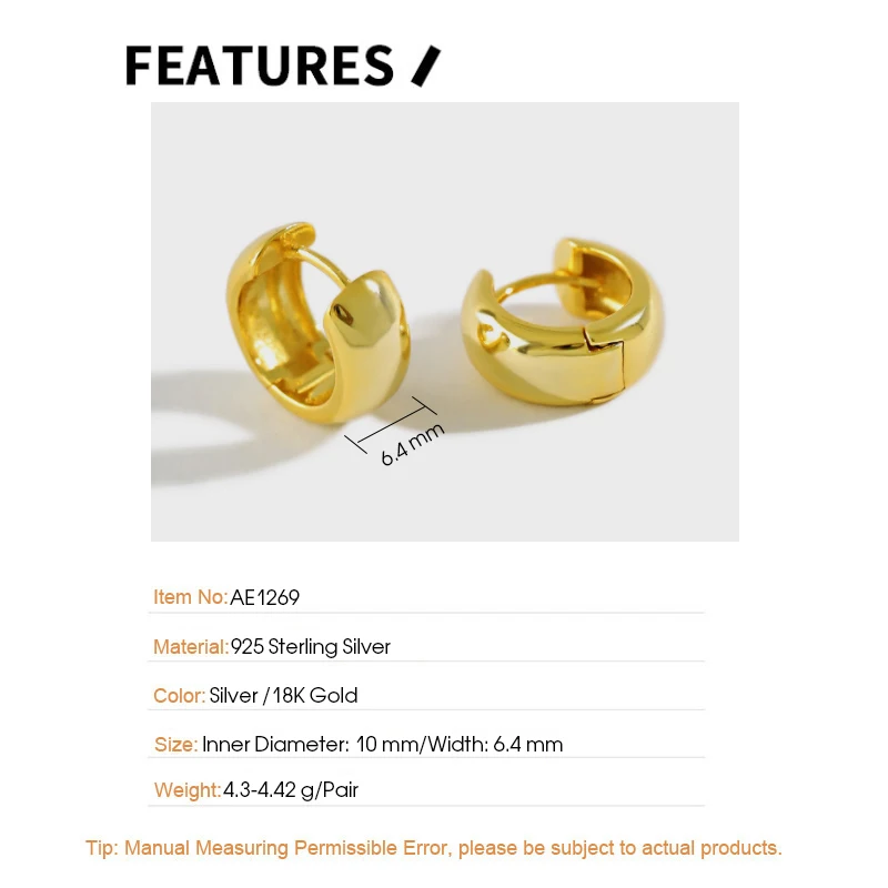 F.I.N.S Korean Minimalist 100% 925 Sterling Silver Earrings Hoops INS Glossy Round Wide Small Ear Buckle 925 Earrings Jewelry