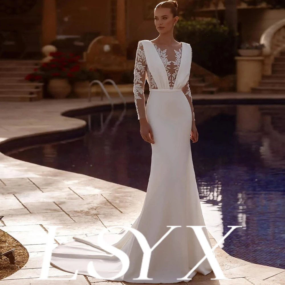 

LSYX Customized Deep V Neck Sheer Mesh Paneled Lace Embroidered Long Sleeve Mermaid Wedding Dress Train Bridal Attire Elegant