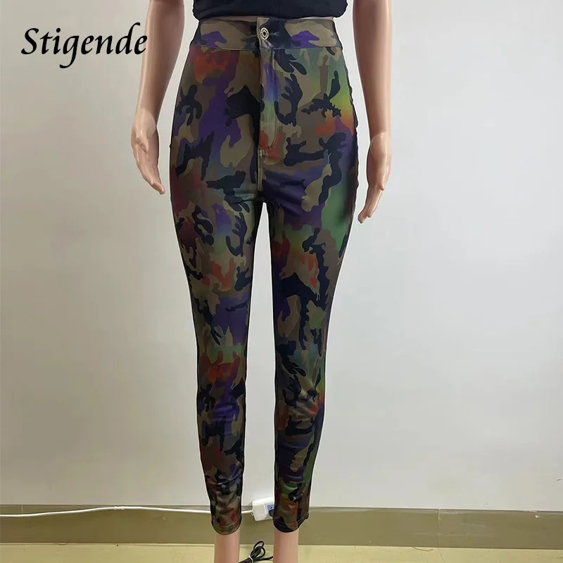 Stigende Women Green Pencil Leggings Slim Fit Camouflage Pants Streetwear Gradient Color Skinny Workout Trousers Pocket