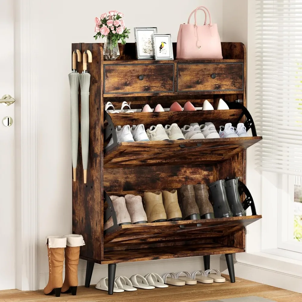 Shoe Cabinet Storage for Entryway, Narrow Shoe Organizer Cabinet with 2 Flip Drawers & 2 Fabric Drawers