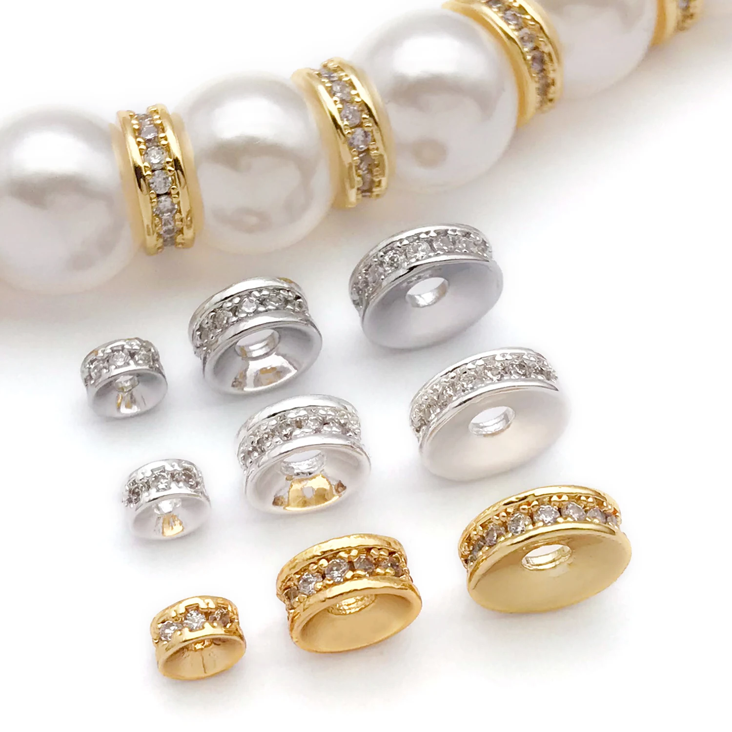 Rondelles en laiton plaqué or véritable 18K, 5 pièces, perles de cristal rondes en Zircon, perles d'espacement amples pour bricolage, accessoires de fabrication de bijoux