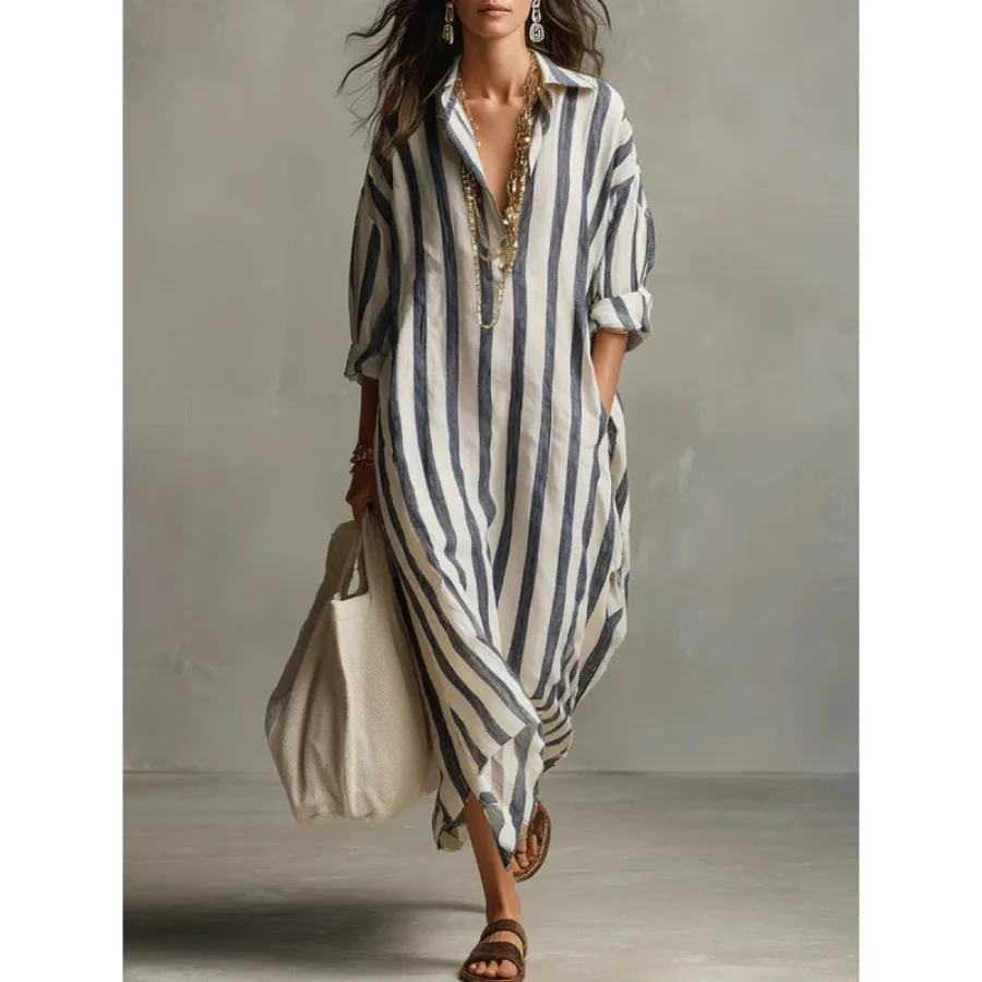 

Independence fashionable loose v-neck long stripe summer hit nine-quarter sleeve blouse dress