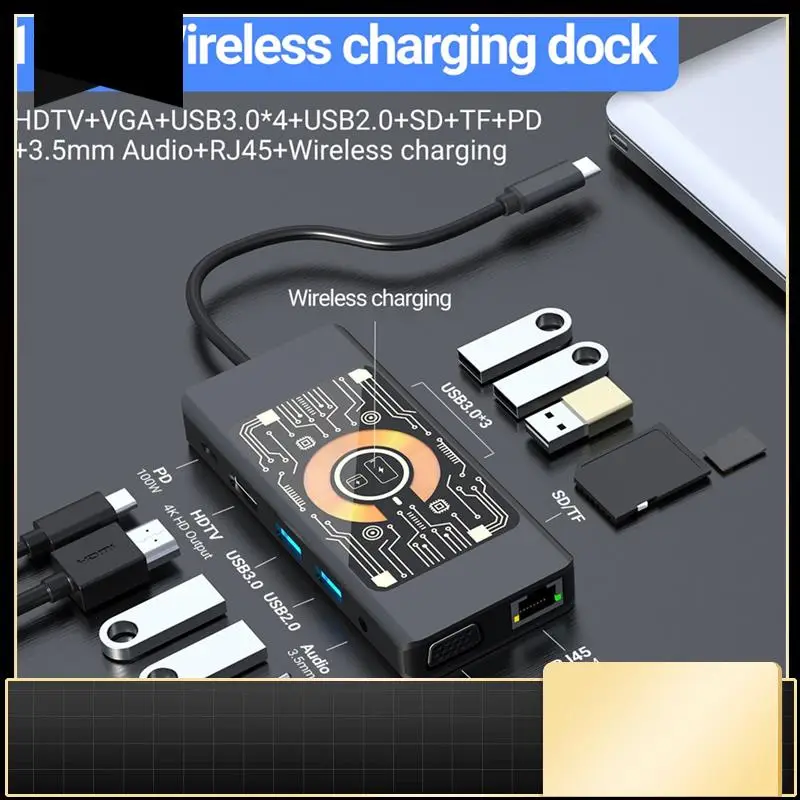 

Концентратор беспроводной зарядки 12 в 1, док-станция USB-C, двойной монитор с VGA, USB3.0/2.0, SD/TF, RJ45 100 м, Audio3.5-N33R