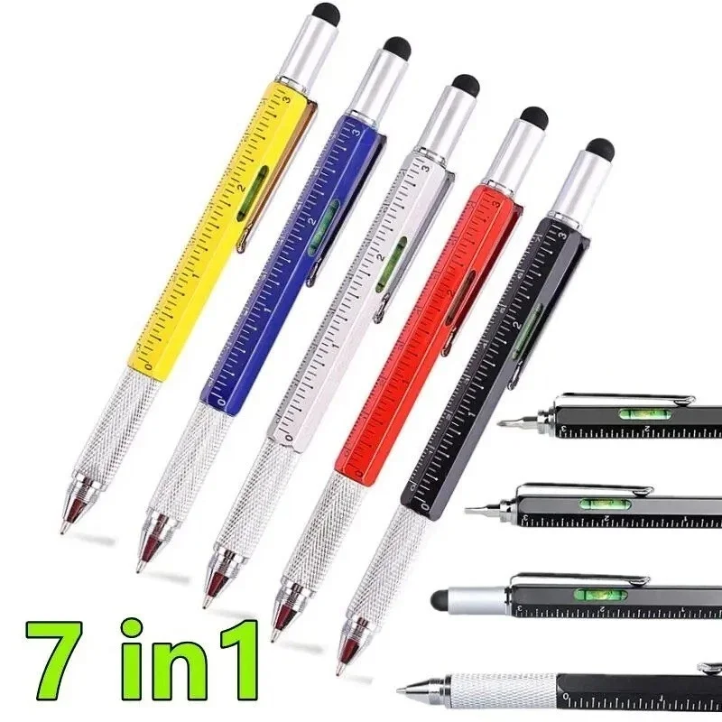 7 In 1 Multifunctional Ballpoint Pen Touch Screen Capacitive Pen With Screwdriver Ruler Levelgauge Refillable Ballpoint Pencil