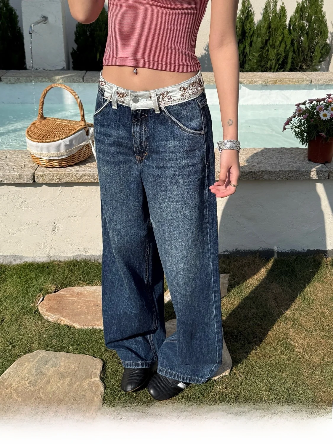 

Audwyn Handmade Beaded Patchwork Jeans Low Waist Cotton Casual Loose Straight Leg Slimming Pants Street Style Autumn Winter