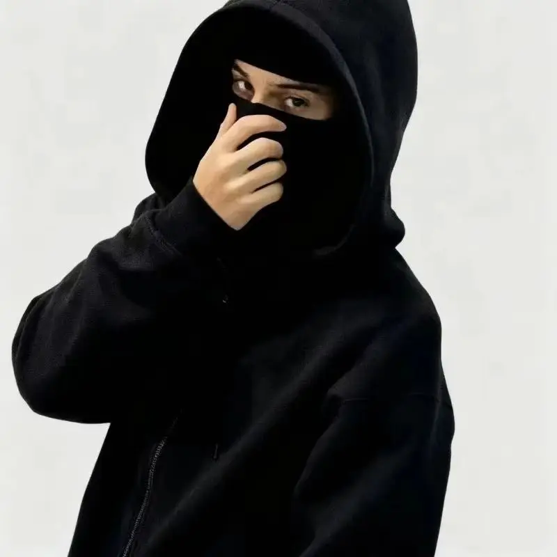 

Unisex Double Hooded Fleece Sweatshirt Woman Balaclava Hoodie Half Zip Warm Outfit for Fall Winter Men Clothing Masked Outfit
