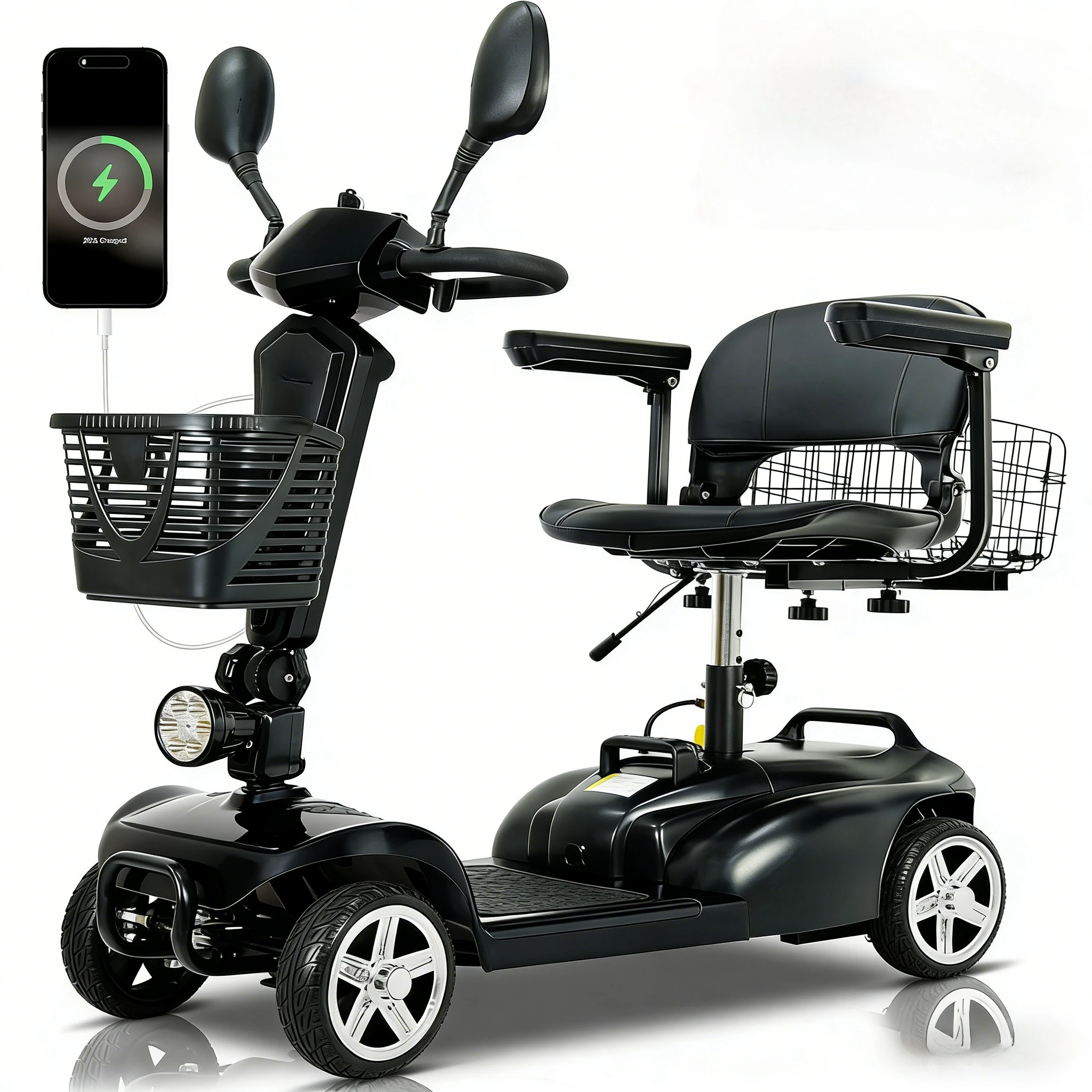 

Компактный 4-колесный электросамокат для пожилых людей — запас хода 72 км, легкий (6,3 кг), грузоподъемность 136 кг, двойные корзины, индивидуальная настройка