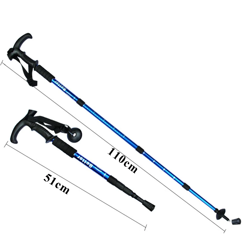 NUONEKO Foldable Hiking Cane Outdoor Trekking Tourism Climbing T Handle Four-section Walking Telescopic Stick Ski Poles CA18