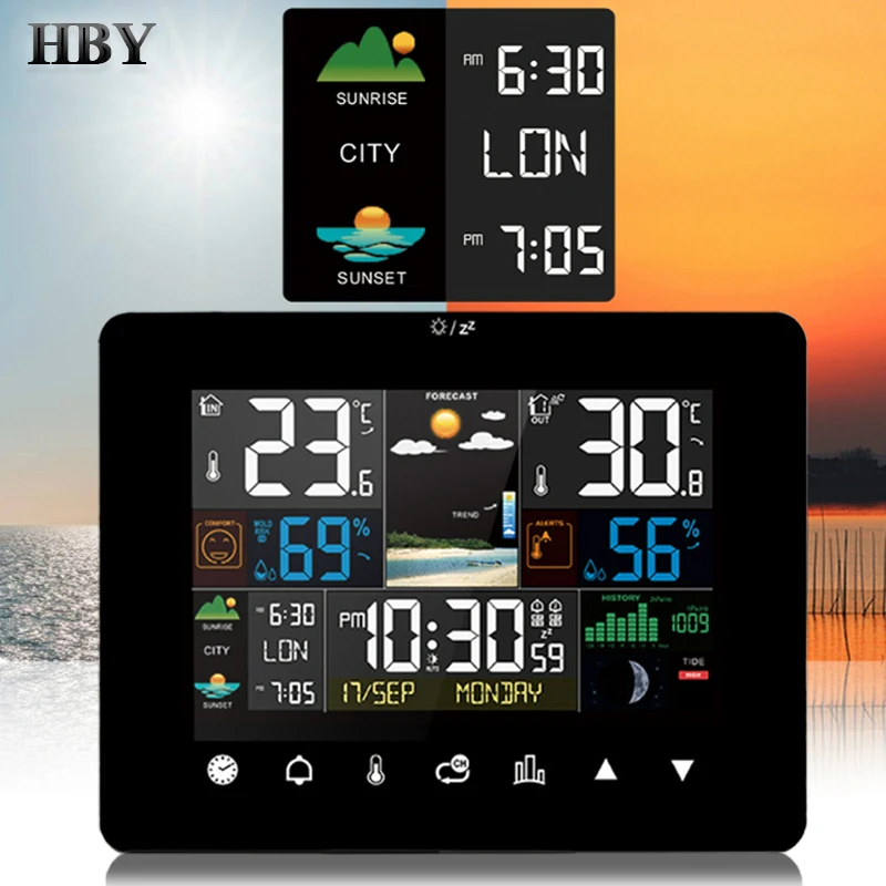 

Touch Screen Thermometer Hygrometer Sunrise Sunset LCD Temperature Humidity Meter Indoor Outdoor Color Screen Weather Station