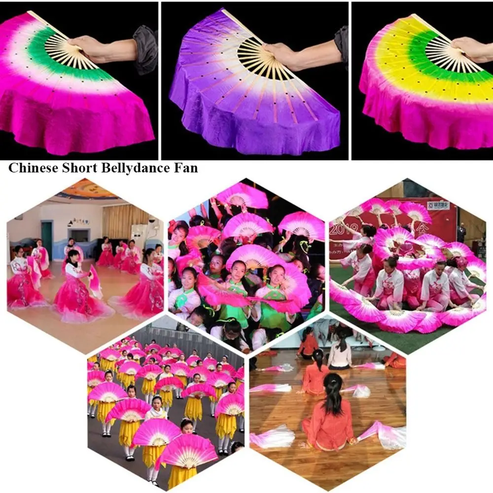 Chinese Short Bellydance Fan 30cm Bamboo+10cm Half Circle Silk Veil Pairs Yangko Dance Bamboo Fans Hand Dye Adults Hot Sell