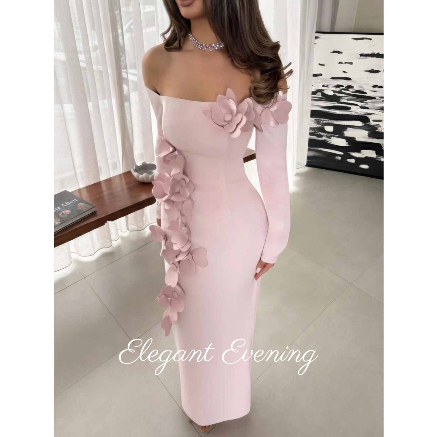 Pink Flower Off Shoulder Evening Dresses Mermaid Prom Dress Saudi Arabia Women's Formal Request Wedding Dress Customized