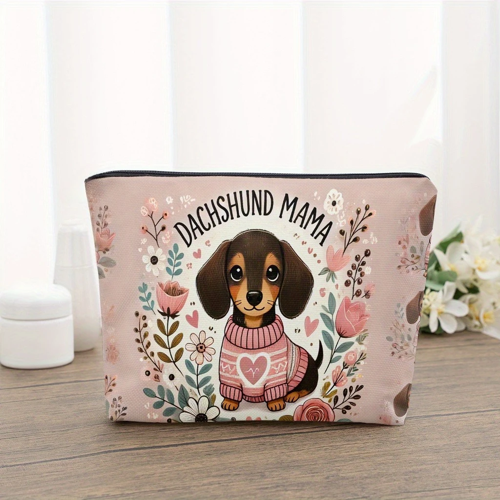 A Makeup Bag Featuring A Warm-Clothed Dachshund Surrounded By Flowers, Portable and Foldable, with A Zipper Closure