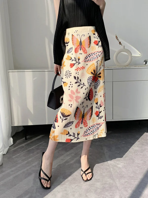 

Удобная женская плиссированная юбка с принтом, с высокой талией, из полиэстера, весна 2026, новый стиль, повседневная, с разрезом, миди