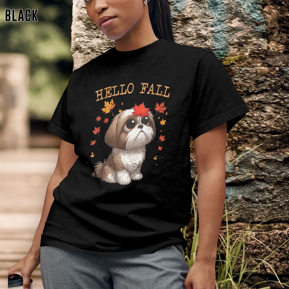 Hello Fall Dog Design with Autumn Season and Maple Leaves T-Shirt Gift