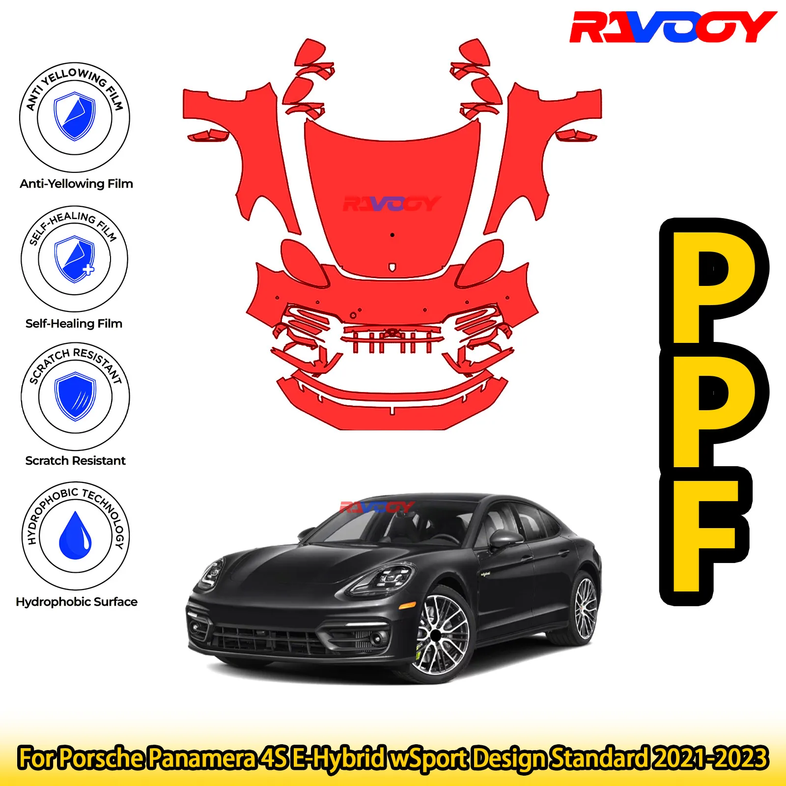 

For Porsche Panamera 4S E-Hybrid wSport Design Standard 2021-2023 Glossy Matte Black Precut front PPF Kit Paint Protection Film