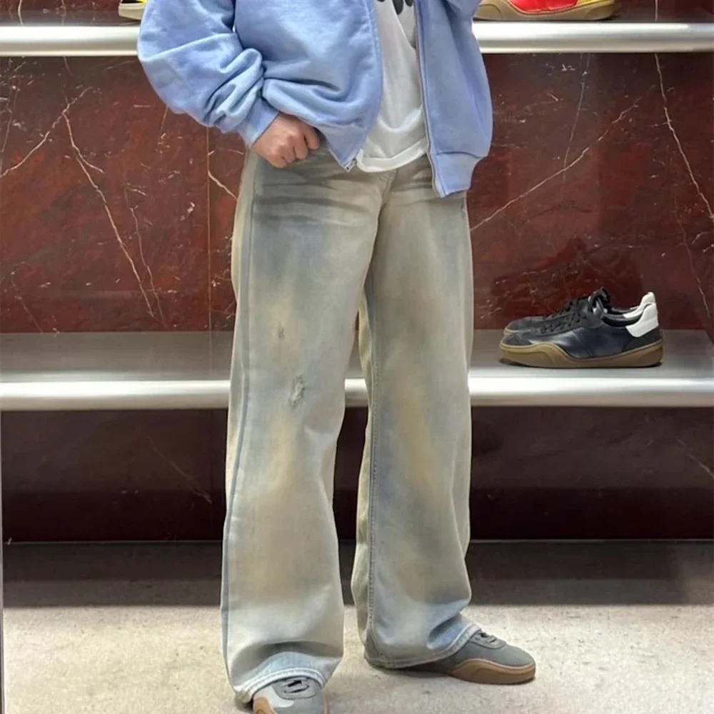 

Vintage Cleanfit Damaged Hole Blue Baggy Jeans Pants for Men and Women Washed Casual Wide Leg Loose Denim Trousers Oversized