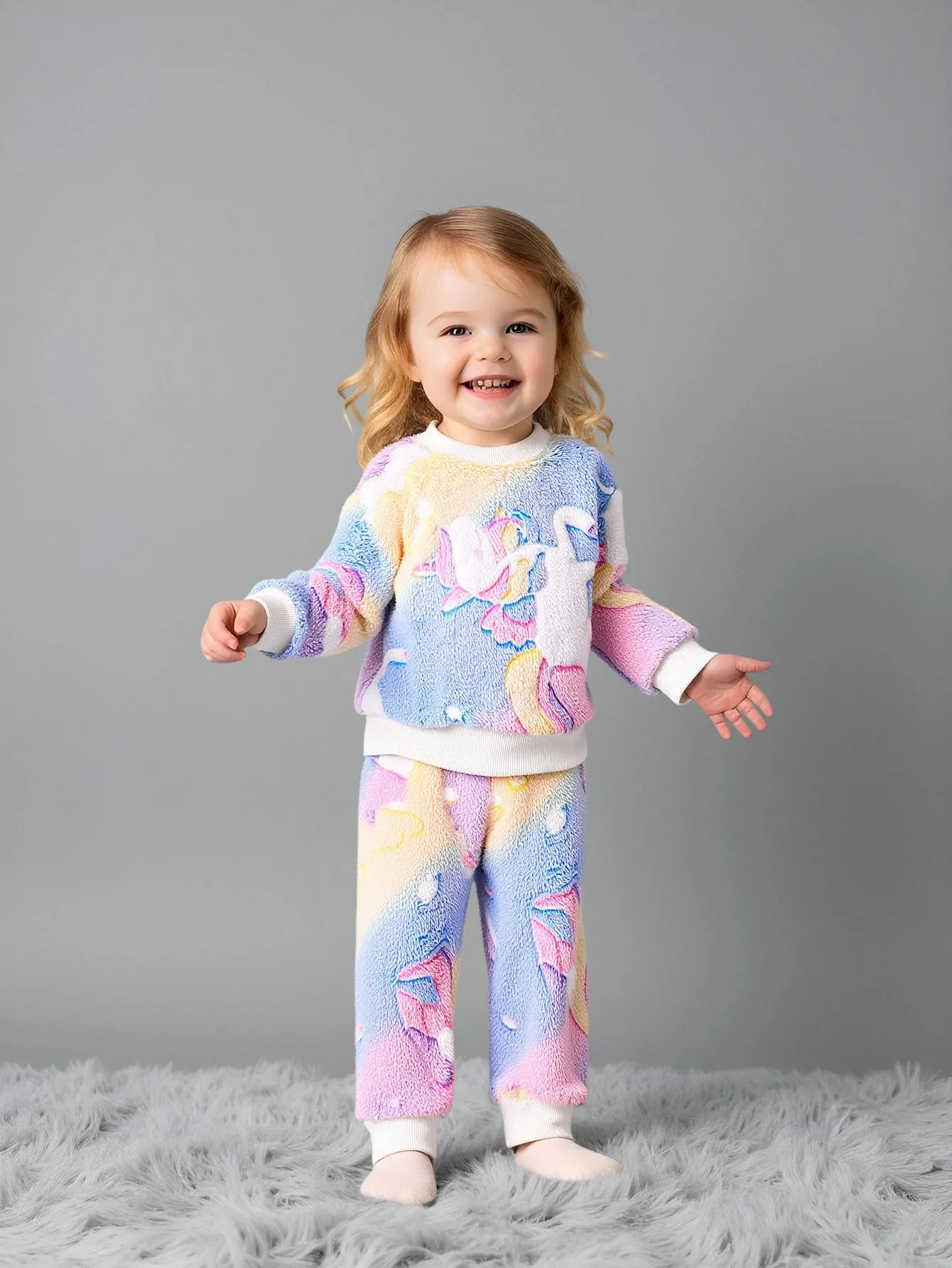 

2 pieces of baby girl's casual cartoon pattern (glow-in-the-dark effect) round neck long sleeve top and long pants for winter